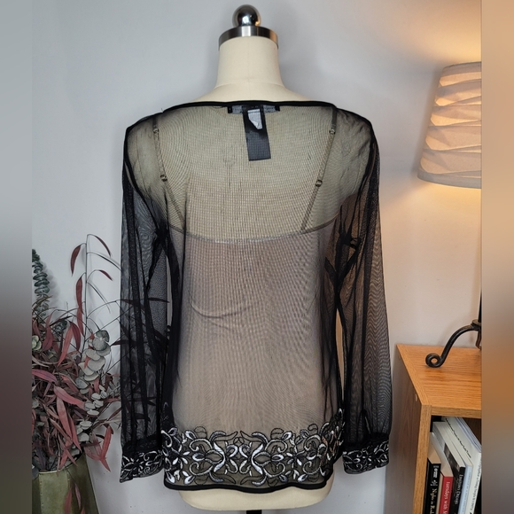 White House Black Market Embroidered Mesh Top Black Size Small - Picture 5 of 12